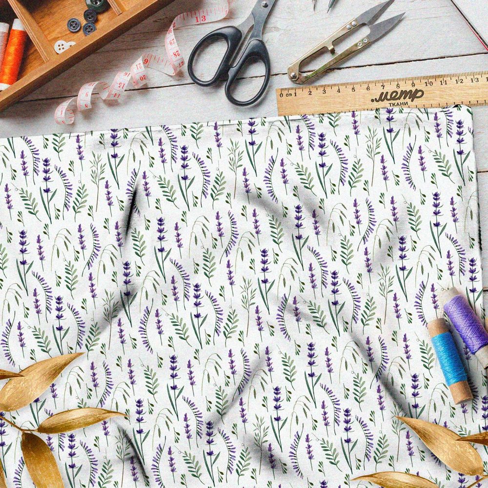 Ткань таффета мелкие сиреневые полевые цветы на белом фоне