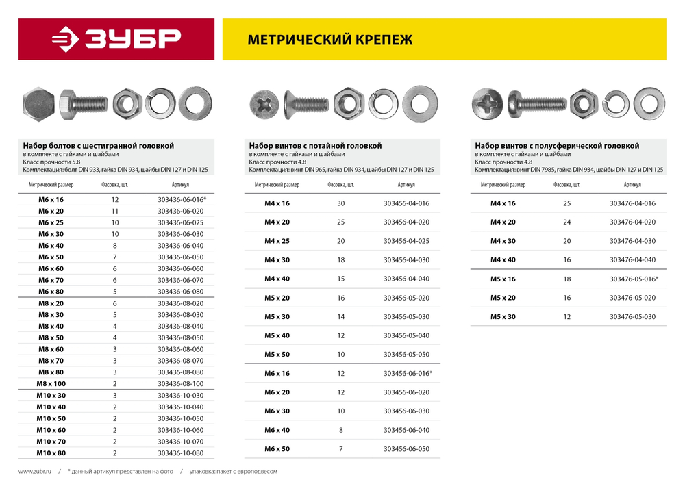 Винт (DIN965) в комплекте с гайкой (DIN934), шайбой (DIN125), шайбой пруж. (DIN127), M6 x 20 мм, 12 шт, ЗУБР