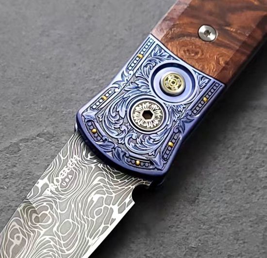 Нож автоматический Pro-Tech ULTIMATE CUSTOM GODSON Bottega Incisioni - клинок Vegas Forge Damascu, рукоять титан, золото 24К, всечка + поарочная коробка