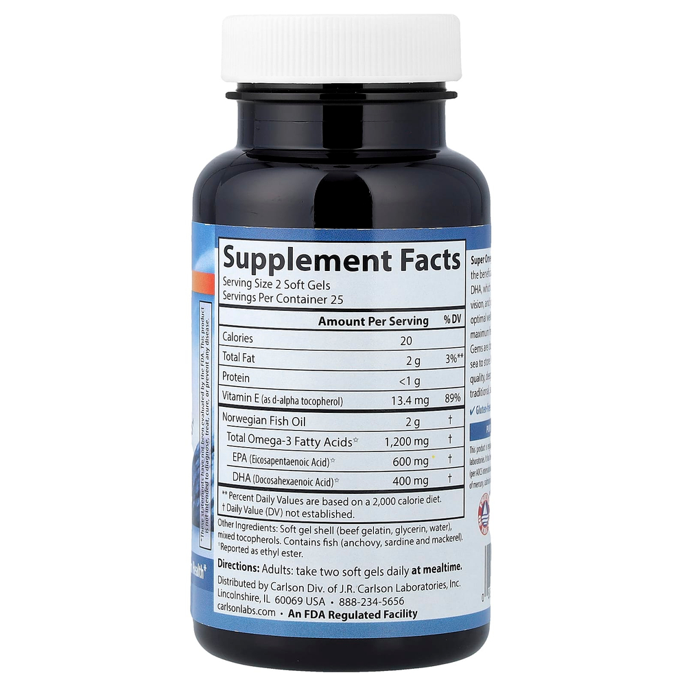 Carlson, Super Omega-3 Gems®, высокоэффективные омега-3 кислоты из рыбы дикого улова, 50 капсул