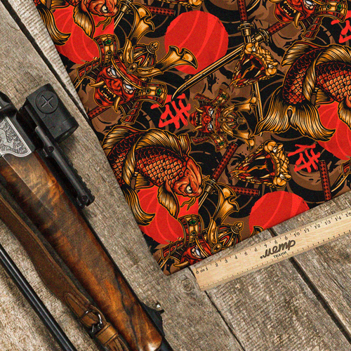 Ткань дюспо красный самурай, катаны и рыбы на чёрном фоне