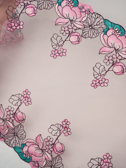 Вышивка на сетке розовая с ментоловым и черным ширина 32 см ОТРЕЗЫ