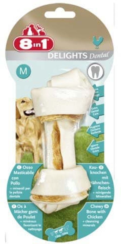 8in1 Dental Delights Bone М/14 см (1 шт.) косточка д/очистки зубов средних собак, с куриным мясом внутри, семенами петрушки