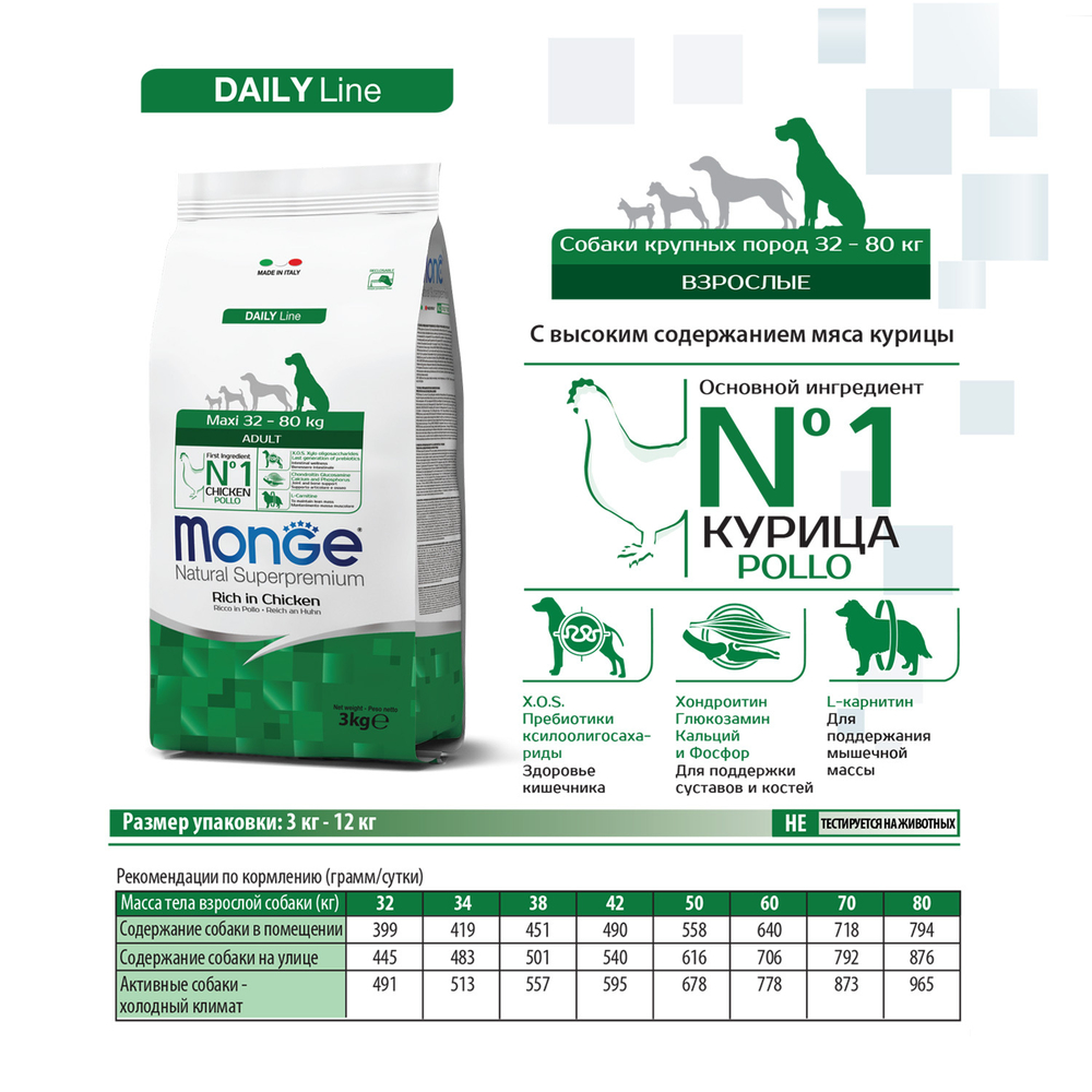 Monge Dog Daily Line Maxi 32-80 кг Сухой корм для собак крупных пород из Курицы, 3 кг.