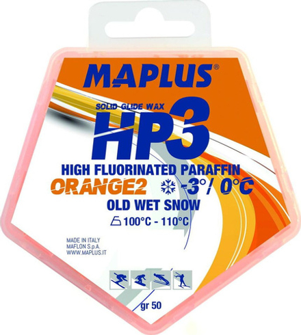 Парафин высокофтористый лыжный MaPlus HP3 HF Orange 2 (для мокрого снега) (0°С...-3°С) 50 гр