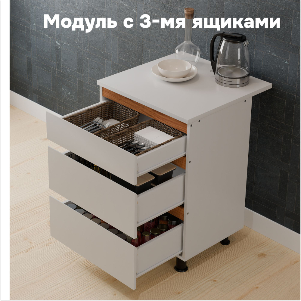 Кухня Валенсия 220 см со столешницей (7 модулей) / белый ЛДСП, массив дуба