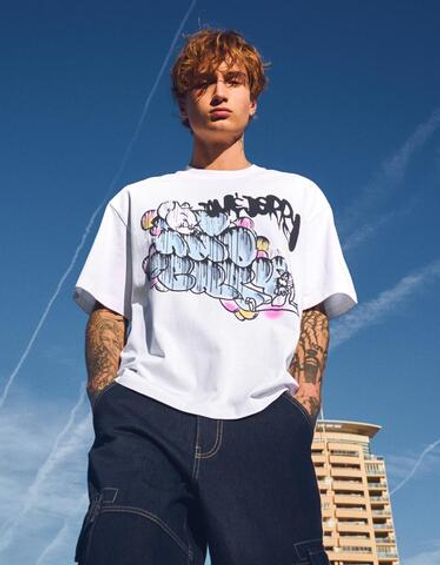 BERSHKA Футболка с коротким рукавом «Tom & Jerry», белый