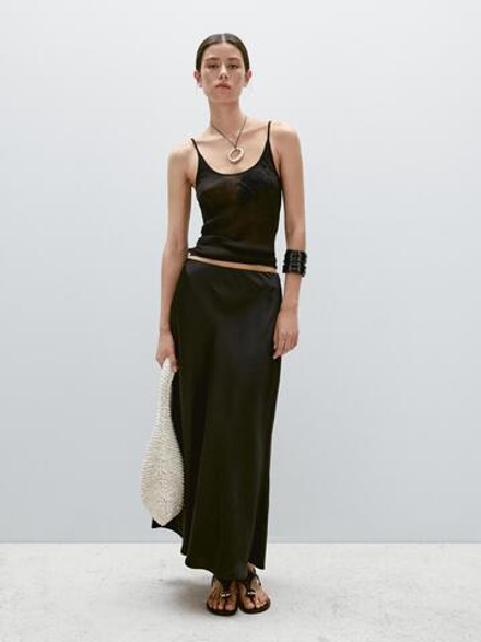 Massimo Dutti Юбка миди из струящегося атласа, черный