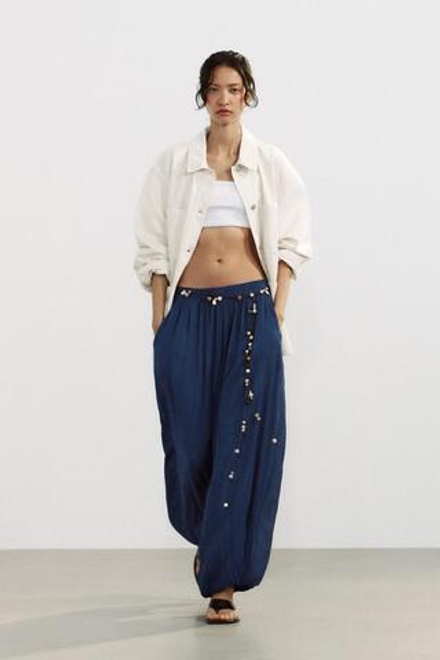 ZARA ШАРОВАРЫ ИЗ РЕЛЬЕФНОЙ ТКАНИ, МОРСКОЙ СИНИЙ