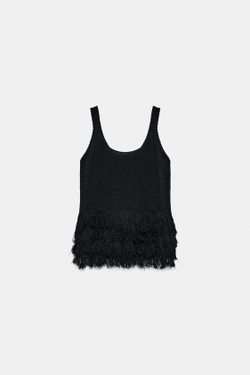 ZARA ТРИКОТАЖНЫЙ ТОП С БАХРОМОЙ, ЧЕРНЫЙ