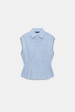 ZARA ТОП ИЗ ЛЬНА С ВЫТАЧКАМИ, СИНИЙ