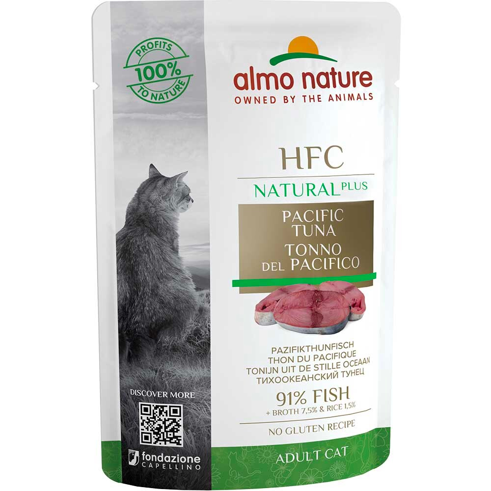 Almo Nature консервы для кошек "HFC Natural Plus" с тихоокеанским тунцом (91% рыбы) 55 г пакетик