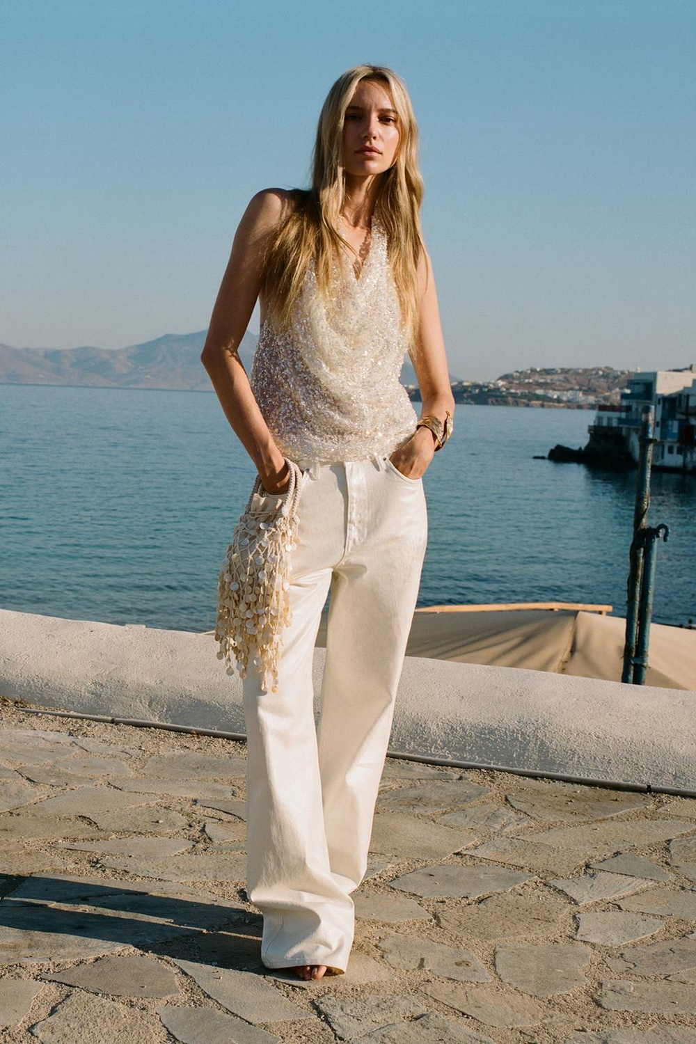 ZARA ТОП С ПАЙЕТКАМИ И ГОРЛОВИНОЙ ХАЛТЕР, ОТТЕНОК СЕРОГО