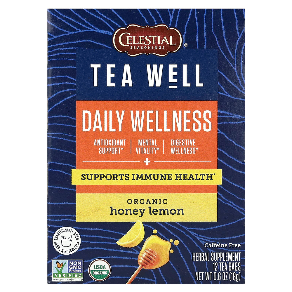 Celestial Seasonings, Tea Well, Daily Wellness, органический мед и лимон, без кофеина, 12 чайных пакетиков, 18 г (0,6 унции)