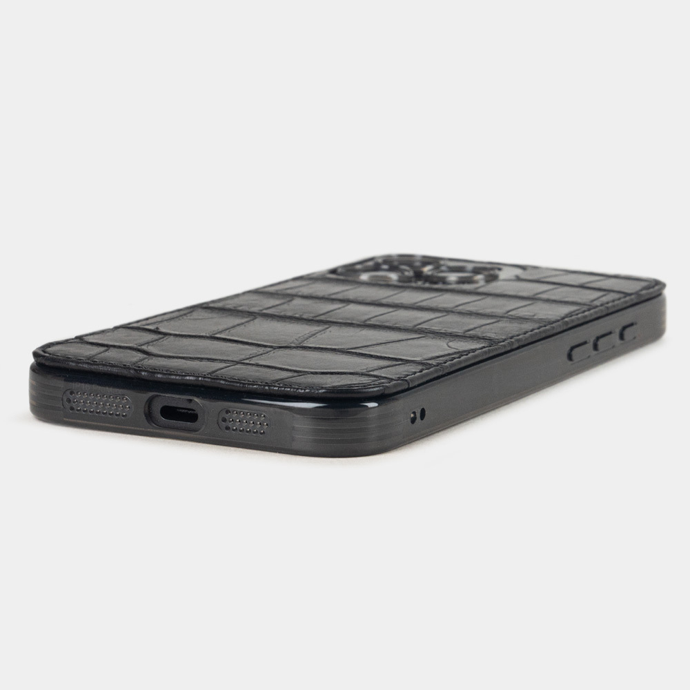 Чехол-накладка кожаная для iPhone 16 Pro Max, аллигатор черного цвета