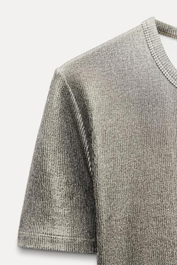 ZARA ТОП В РУБЧИК С МЕТАЛЛИЧЕСКИМ БЛЕСКОМ, ТЕМНЫЙ ХАКИ