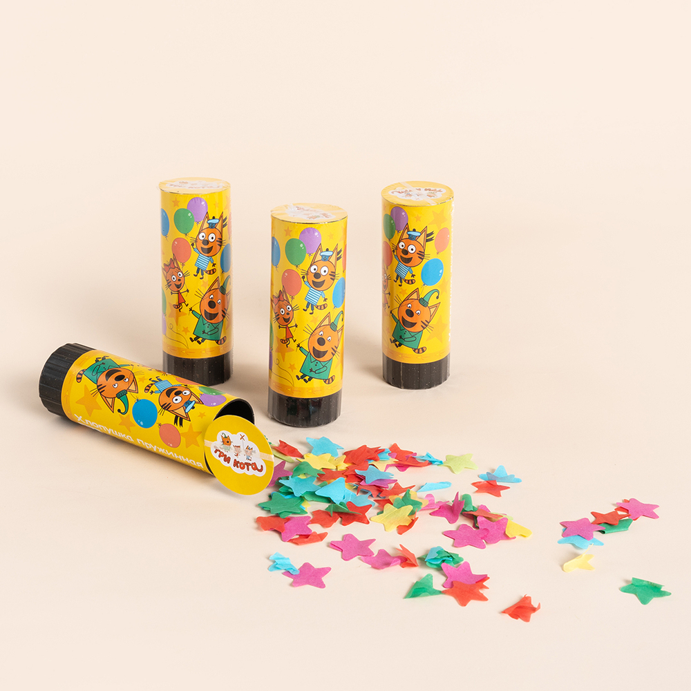 Пружинная хлопушка «Три кота» с тишью в форме звезд, 10 см.