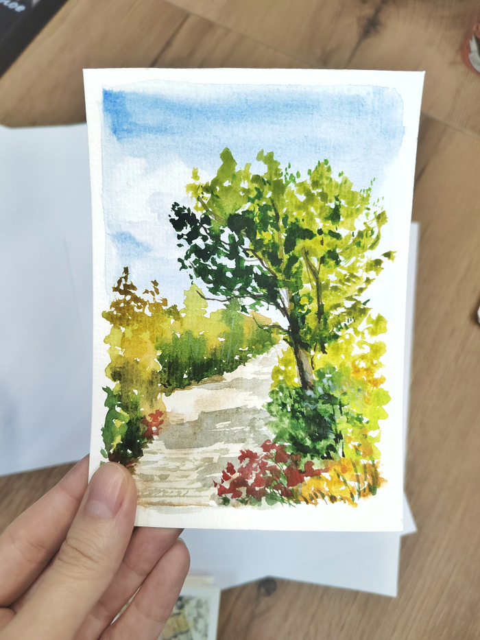 Авторская открытка от Стрелки Натали. Акварель. Оригинал. "Летняя дорожка"