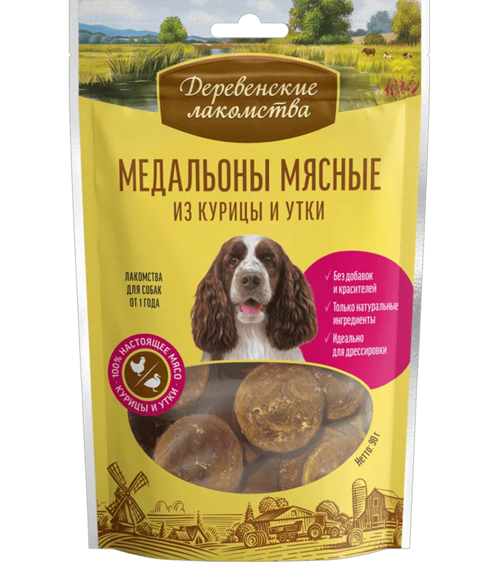 Деревенские лакомства Для собак Медальоны мясные из курицы и утки 90гр.