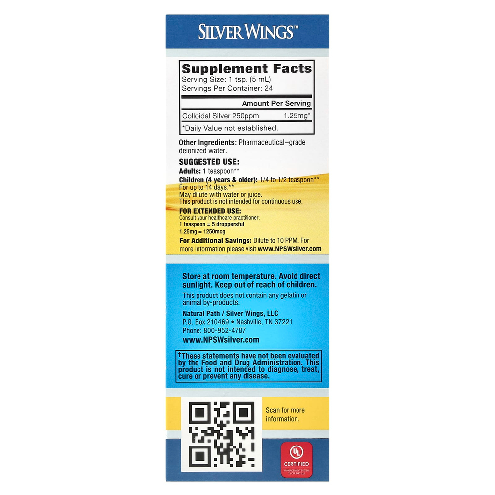 Natural Path Silver Wings, Коллоидное серебро, 250 част. / Млн, 120 мл (4 жидк. унц.)
