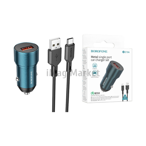 Автомобильное зарядное устройство Borofone BZ19A, 1 USB-A, 18W, 3A + кабель Type-C, 1 м, синий