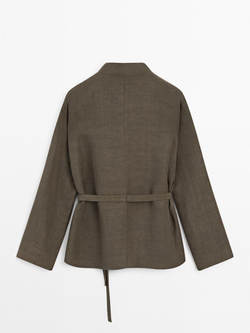 Massimo Dutti Куртка из смесового льна с воротником-стойкой, кротово-коричневый
