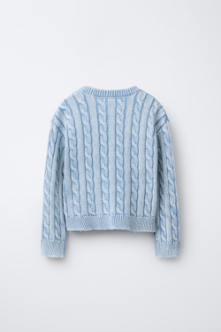 ZARA СВИТЕР С УЗОРОМ «КОСЫ» И ЭФФЕКТОМ ПОТЕРТОСТИ, БЕЛЫЙ/НЕБЕСНО-ГОЛУБОЙ
