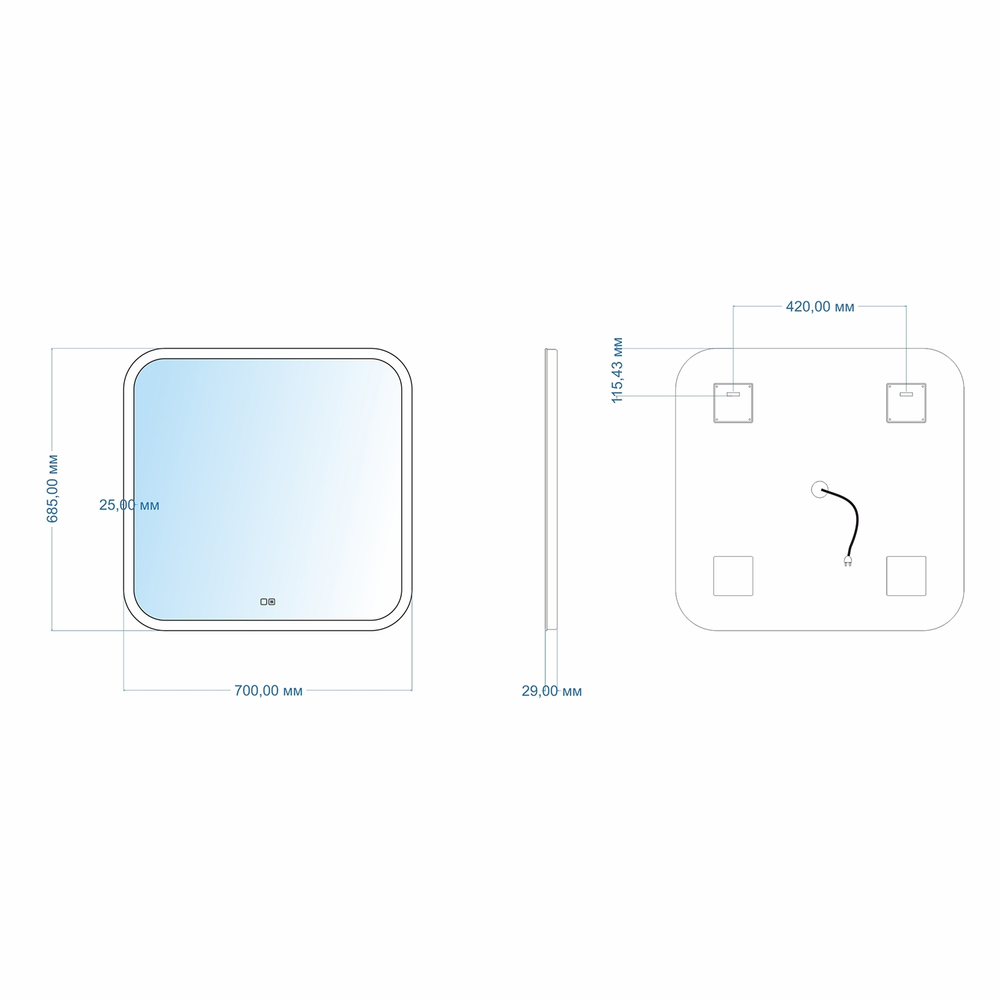 Зеркало MIXLINE "Стив-2" 700*685 (ШВ) сенсорный выключатель, светодиодная подсветка + подогрев