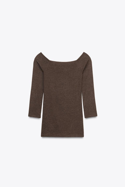 ZARA ФУТБОЛКА С ВЫРЕЗОМ «ЛОДОЧКА», КОРИЧНЕВЫЙ