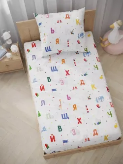 Постельное белье перкаль Сказка "Азбука" 1,5-сп Наволочка 50х70 см 1 шт Простынь на резинке 90x200 см Пододеяльник 145x205 см