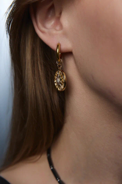 Серьги трансформеры с круглым подвесом из перламутра и цирконов с солнцем, золото