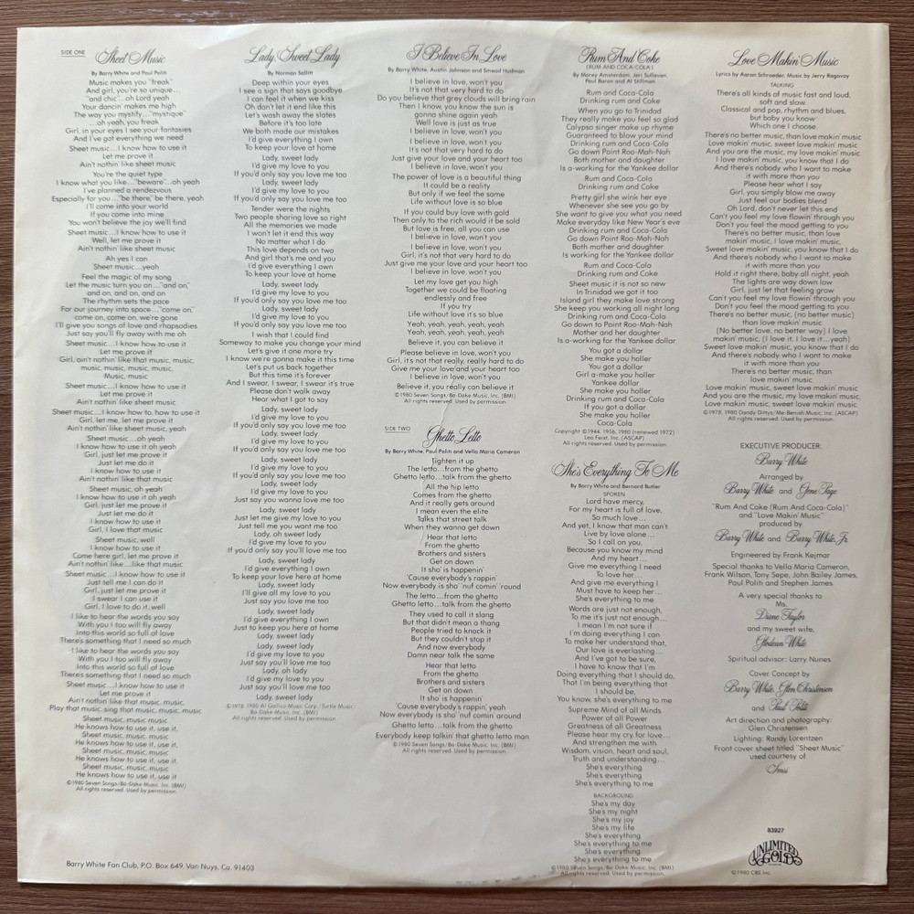Barry White ‎– Barry White's Sheet Music (Голландия 1980г.)Т