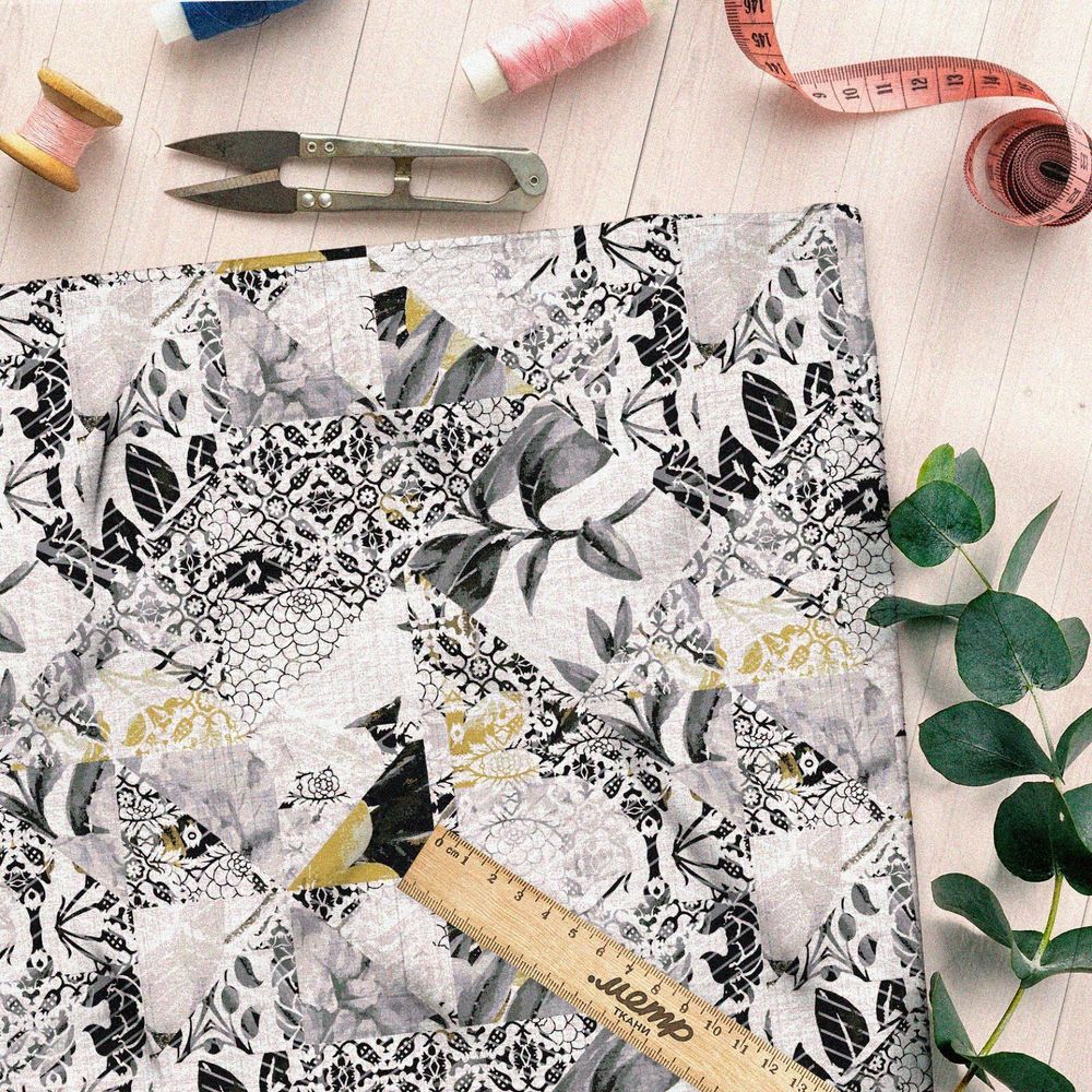 Ткань интерлок абстрактные ромбы с листьями