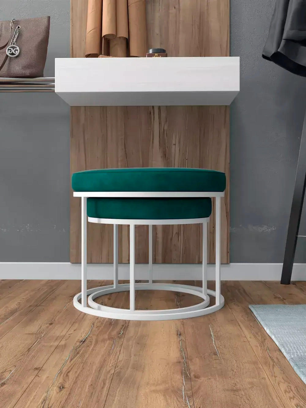 Комплект круглых банкеток - БЗЕЛ - зеленое на белом