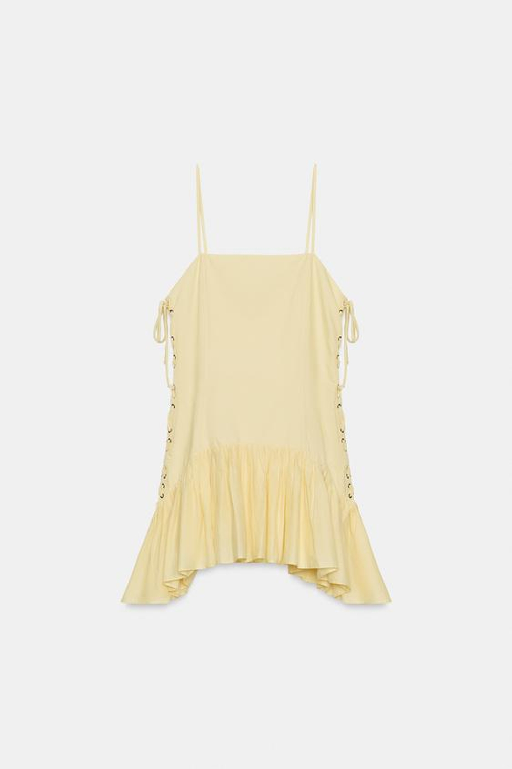 ZARA ПЛАТЬЕ ИЗ ПОПЛИНА С ВОЛАНАМИ И ШНУРОВКОЙ, СВЕТЛО-ЖЕЛТЫЙ