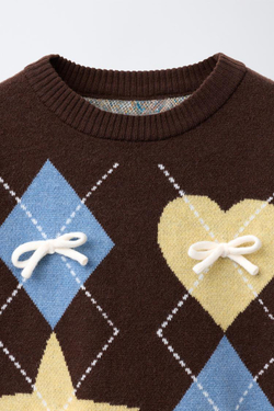 ZARA СВИТЕР С УЗОРОМ «РОМБЫ» И БАНТАМИ, КОРИЧНЕВЫЙ