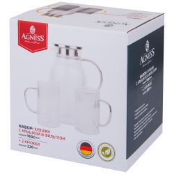 НАБОР AGNESS"HIGH-TECH" КУВШИН С КРЫШКОЙ ФИЛЬТРОМ 1600 МЛ + 2 КРУЖКИ 320 МЛ ЦВЕТ:ПРОЗРАЧНЫЙ