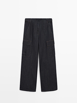 Massimo Dutti Джинсы-карго из смеси льна, темно-синий