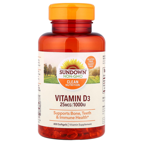 Sundown Naturals, Витамин D3, 25 мкг (1000 МЕ), 400 мягких таблеток