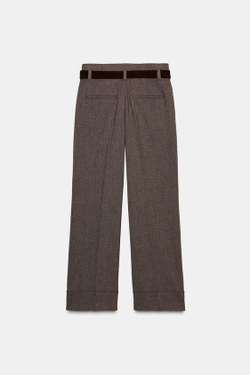 ZARA БРЮКИ В ЕЛОЧКУ С РЕМНЕМ, КОРИЧНЕВЫЙ