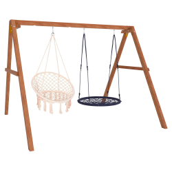 Деревянные качели с подвесными креслами в бежевом цвете и гнездом 100 см