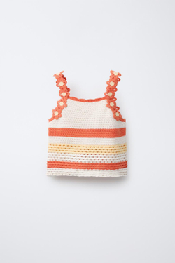 ZARA ТОП АЖУРНОЙ ВЯЗКИ С ЦВЕТОЧНЫМИ АППЛИКАЦИЯМИ, БЕЛО-ОРАНЖЕВЫЙ