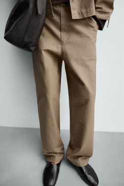 ZARA БРЮКИ STRAIGHT FIT С ВЫШИВКОЙ, РЫЖЕВАТО-КОРИЧНЕВЫЙ МЕЛАНЖ