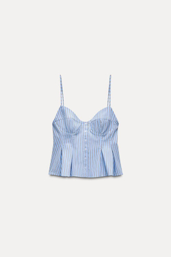 ZARA ТОП ИЗ ПОПЛИНА С ПЛИССИРОВКОЙ, СИНИЙ/БЕЛЫЙ