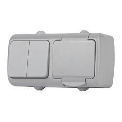 Блок розетка с выключателем Intro Atlantic 5-701-03 одноклавишным 2P+E 10-16А-250В гориз. открытой установки IP54 серый