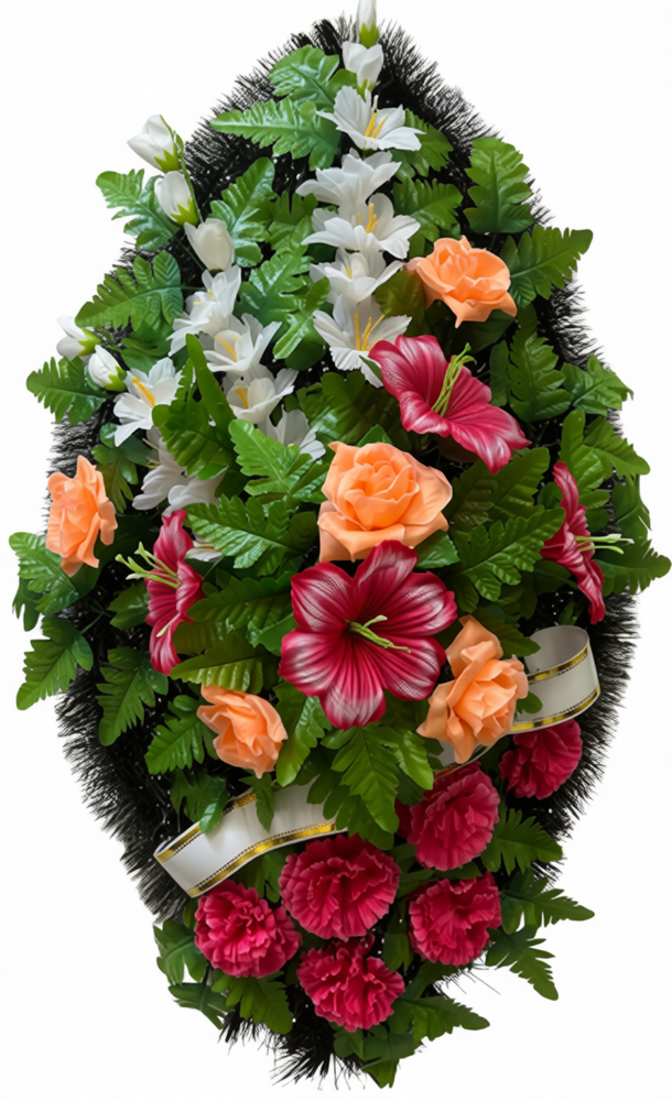 Венок на похороны из искусственных персиковых роз, фуксии, белых орхидей и зелени с лентой 90 см