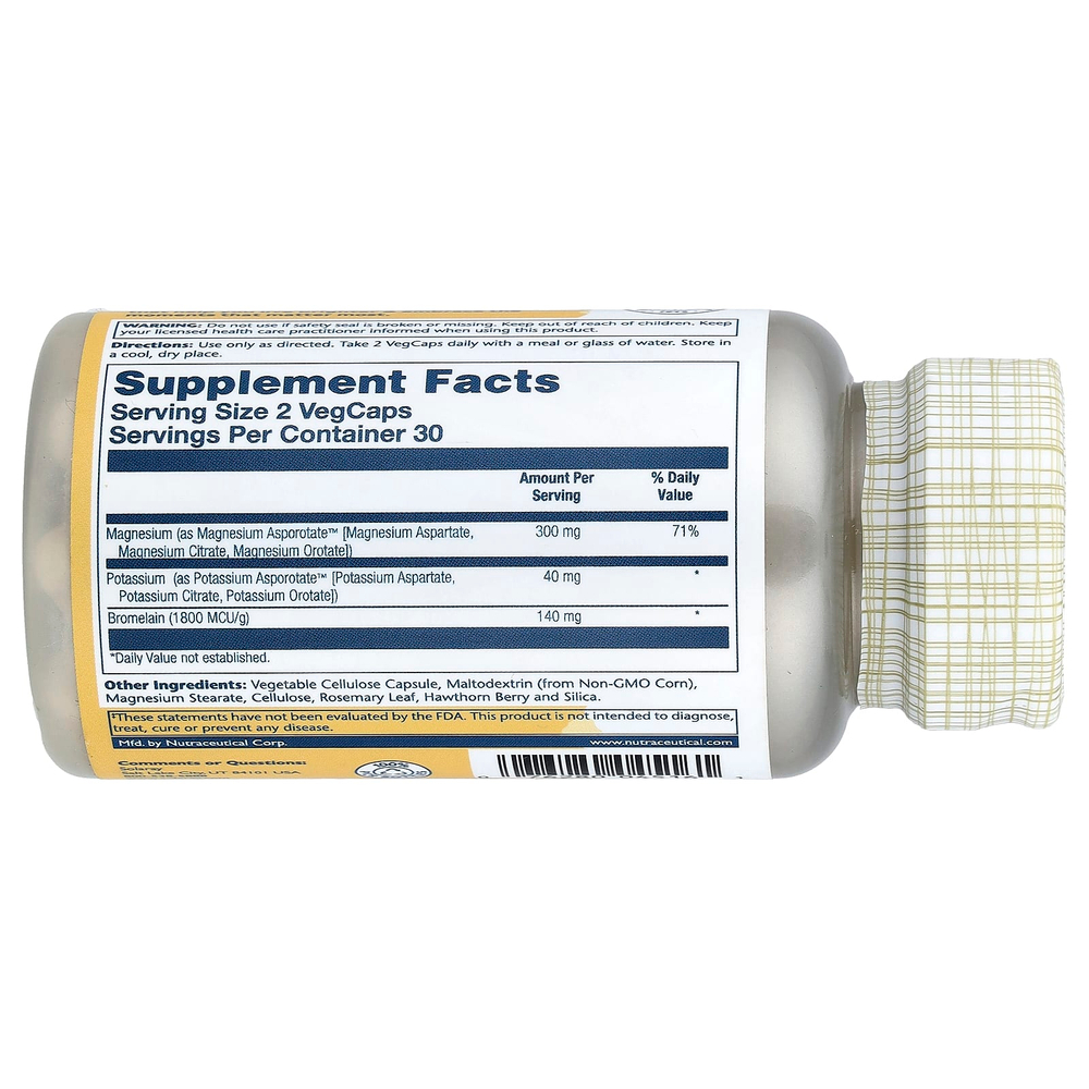 Solaray, магний, калий, апоротат с бромелаином, 60 растительных капсул