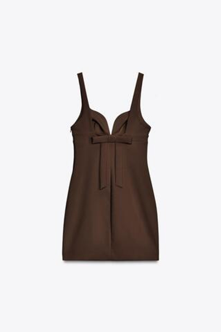 ZARA КОРОТКОЕ ЭЛАСТИЧНОЕ ПЛАТЬЕ С БАНТОМ, ТЕМНО-КОРИЧНЕВЫЙ