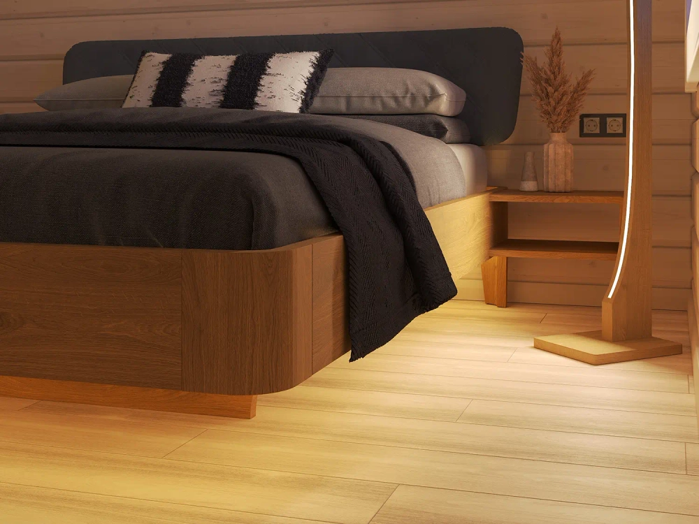 Кровать из дуба срощенного с тумбами и подсветкой Батерфлай