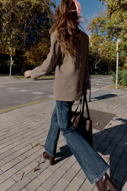 ZARA ДВУБОРТНЫЙ БЛЕЙЗЕР ОВЕРСАЙЗ, КОРИЧНЕВЫЙ/ЭКРЮ